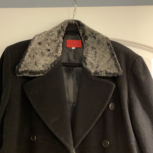Sergio Girombelli black virgin wool coat with gray fur like trim size 46 - Picture 2 of 7